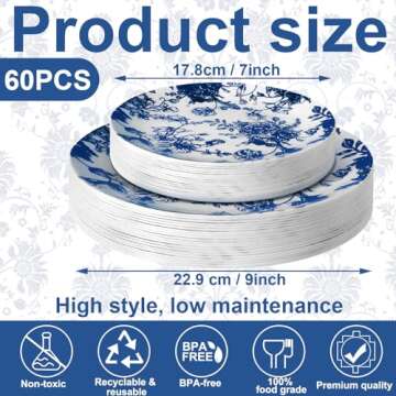 Suclain 60 Pcs Blue and White Floral Plastic Plates Wedding Party Decoration Bulk Serves as 9" 7" De...