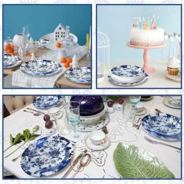Suclain 60 Pcs Blue and White Floral Plastic Plates Wedding Party Decoration Bulk Serves as 9" 7" Dessert Dinner Disposable Plastic Plates for Bridal Shower