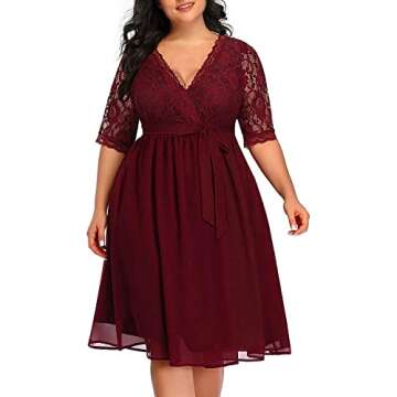 Pinup Fashion Plus Size Cocktail Dresses Women Burgundy Red Lace Top Chiffon Wedding Guest Semi-Form...