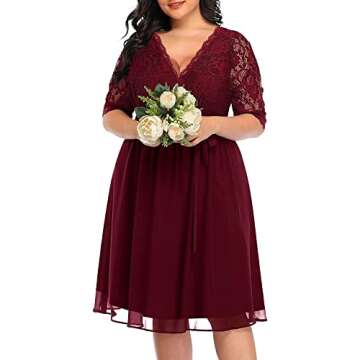 Pinup Fashion Plus Size Cocktail Dresses Women Burgundy Red Lace Top Chiffon Wedding Guest Semi-Formal Maroon Evening Party Wrap Dress