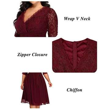 Pinup Fashion Plus Size Cocktail Dresses Women Burgundy Red Lace Top Chiffon Wedding Guest Semi-Formal Maroon Evening Party Wrap Dress
