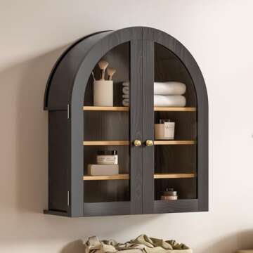 EYYTHUNG Arched Wall Cabinet, Modern Medicine Cabinet Wall Mounted Cupboard, Farmhouse Bathroom Storage Cabinet with Glass Door & Adjustable Shelf, Wooden Organizer for Kitchen (Black-Oak)