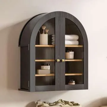 EYYTHUNG Arched Wall Cabinet, Modern Medicine Cabinet Wall Mounted Cupboard, Farmhouse Bathroom Storage Cabinet with Glass Door & Adjustable Shelf, Wooden Organizer for Kitchen (Black-Oak)