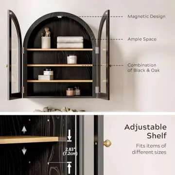 EYYTHUNG Arched Wall Cabinet, Modern Medicine Cabinet Wall Mounted Cupboard, Farmhouse Bathroom Storage Cabinet with Glass Door & Adjustable Shelf, Wooden Organizer for Kitchen (Black-Oak)