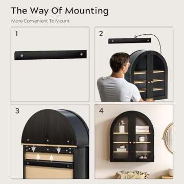 EYYTHUNG Arched Wall Cabinet, Modern Medicine Cabinet Wall Mounted Cupboard, Farmhouse Bathroom Storage Cabinet with Glass Door & Adjustable Shelf, Wooden Organizer for Kitchen (Black-Oak)