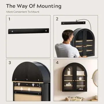 EYYTHUNG Arched Wall Cabinet, Modern Medicine Cabinet Wall Mounted Cupboard, Farmhouse Bathroom Storage Cabinet with Glass Door & Adjustable Shelf, Wooden Organizer for Kitchen (Black-Oak)