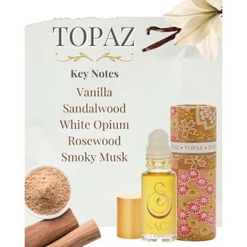 Topaz Perfume Oil Roll-On by Sage- 1/8 oz, Vegan & Cruelty-Free, Gourmand Scent, Vanilla, Sandalwood...