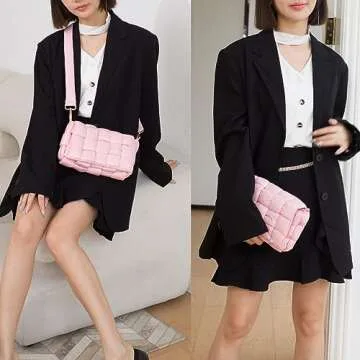 NAARIIAN Puffer Woven Bag Crossbody Purse for Women Padded Cassette Shoulder Bags Trendy Handbags Messenger(Dark Pink)