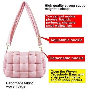 NAARIIAN Puffer Woven Bag Crossbody Purse for Women Padded Cassette Shoulder Bags Trendy Handbags Messenger(Dark Pink)