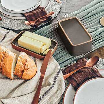 Mora Ceramic Two-in-One Butter Dish with Lid, Covered Butter Crock Container to Leave on Countertop - Large Storage Keeper/Holder for Kitchen, Gifts for Her, Butter Tray For Counter - Sesame Milk