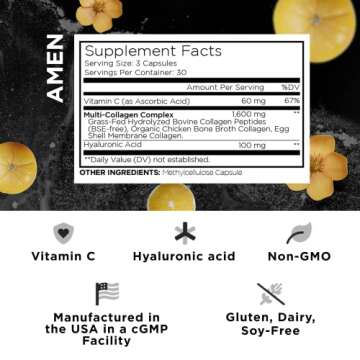Amen Multi Collagen Peptides Capsules with Hyaluronic Acid and Vitamin C - 5 Types of Collagen Prote...