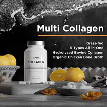 Amen Multi Collagen Peptides Capsules with Hyaluronic Acid and Vitamin C - 5 Types of Collagen Protein Type I, II, III, V, X - Grass Fed Hydrolyzed - 18 Amino Acids - Collagen Supplement - 90 Pills