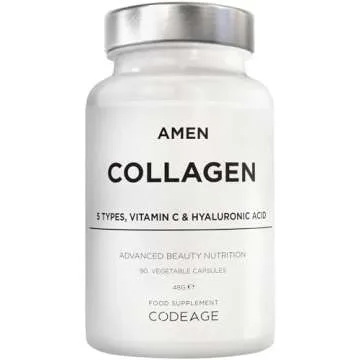 Amen Multi Collagen Peptides Capsules with Hyaluronic Acid and Vitamin C - 5 Types of Collagen Protein Type I, II, III, V, X - Grass Fed Hydrolyzed - 18 Amino Acids - Collagen Supplement - 90 Pills