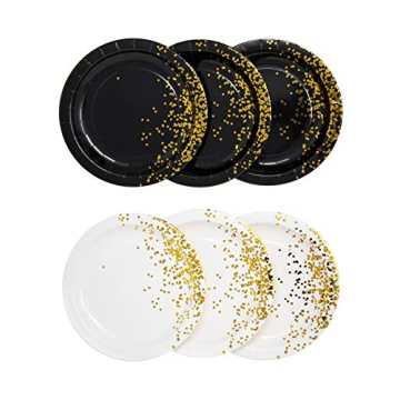 White Black and Gold Foil Round Paper Plates (9 In, 60 Pack) for Party Wedding Elegant Decorations H...