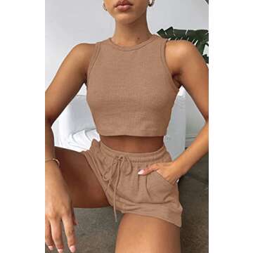 Lingswallow 2 Piece Women Lounge Sets - Sleeveless Crop Top and Shorts Waffle Lounge Set Tracksuits Sweatsuits for Women