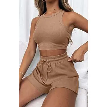 Lingswallow 2 Piece Women Lounge Sets - Sleeveless Crop Top and Shorts Waffle Lounge Set Tracksuits Sweatsuits for Women