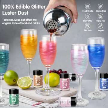 CRPTHE 6 Colors Luster Dust Edible Set, Edible Glitter for Cocktails, Food Grade Glitter Shimmer Spr...