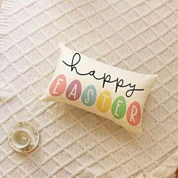 Ogiselestyle Happy Easter Egg Throw Pillow Cover, 12 x 20 Inch Spring Bunny Egg Holiday Party Decora...