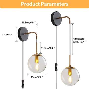 KUZZULL Wall Sconces Set of Two Black and Brass Plug in Wall Sconces Set of 2 with Globe Clear Glass Shade Wall Lights Wall Lamps for Bedrooms Sconces Wall Decor Set of 2 with Plug in Cord Switch