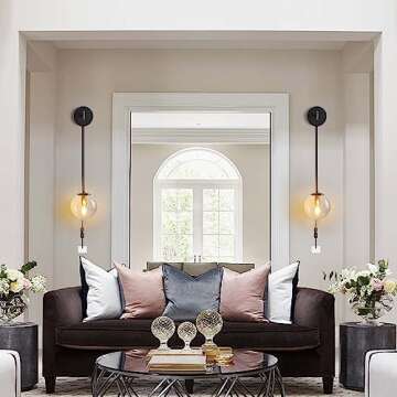 KUZZULL Wall Sconces Set of Two Black and Brass Plug in Wall Sconces Set of 2 with Globe Clear Glass Shade Wall Lights Wall Lamps for Bedrooms Sconces Wall Decor Set of 2 with Plug in Cord Switch