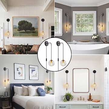 KUZZULL Wall Sconces Set of Two Black and Brass Plug in Wall Sconces Set of 2 with Globe Clear Glass Shade Wall Lights Wall Lamps for Bedrooms Sconces Wall Decor Set of 2 with Plug in Cord Switch