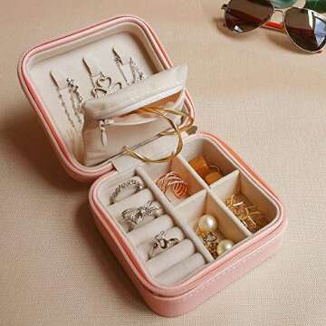 HerFav Travel Jewelry Organizer, Small Jewelry Box Mini Portable Jewelry Case for Rings Earrings & Necklace for Women Girls (Pink)