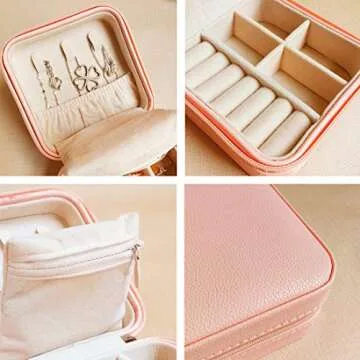 HerFav Travel Jewelry Organizer, Small Jewelry Box Mini Portable Jewelry Case for Rings Earrings & Necklace for Women Girls (Pink)