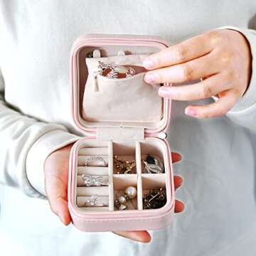 HerFav Travel Jewelry Organizer, Small Jewelry Box Mini Portable Jewelry Case for Rings Earrings & Necklace for Women Girls (Pink)