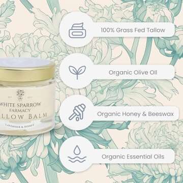 White Sparrow Farmacy Organic Grass Fed Tallow Balm - (Lavender & Honey) Organic Tallow from Grass Fed Cows & All Organic ingredients. For Face and Body. (2.0 oz)…