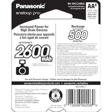 Eneloop Panasonic BK-3HCCA8BA pro AA High Capacity Ni-MH Pre-Charged Rechargeable Batteries, 8-Batte...