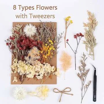 AHTONG 2 Pack Real Dried Leaf Flowers Plant Herbarium with Tweezers for Craft Jewelry Making (Yellow and White)
