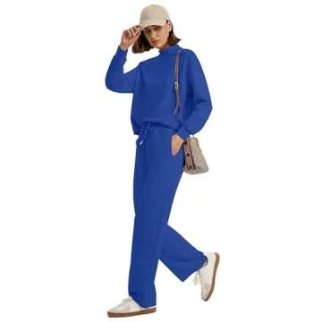 WIHOLL 2 Piece Sets for Women Dressy Cozy Lounge Sets Fall Clothes Vacation Travel Airport Outfits Sweat Sets High Neck Old Money Matching Sets Ladies Tops Conjuntos De 2 Piezas Para Mujer Blue L
