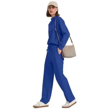 WIHOLL 2 Piece Sets for Women Dressy Cozy Lounge Sets Fall Clothes Vacation Travel Airport Outfits Sweat Sets High Neck Old Money Matching Sets Ladies Tops Conjuntos De 2 Piezas Para Mujer Blue L