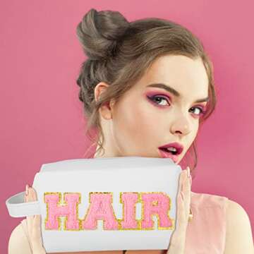 Sotiff 3 Pcs Preppy Patch Makeup Bag Hair Face Skin Cosmetic Bag Travel Toiletry Bag for Women Chenille Letters Patch Bag with Handle Waterproof Portable Preppy Purse Zipper Pouch for Girls