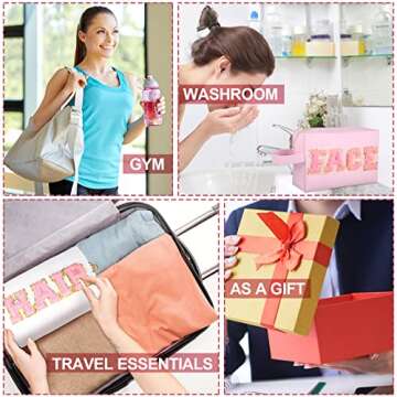 Sotiff 3 Pcs Preppy Patch Makeup Bag Hair Face Skin Cosmetic Bag Travel Toiletry Bag for Women Chenille Letters Patch Bag with Handle Waterproof Portable Preppy Purse Zipper Pouch for Girls