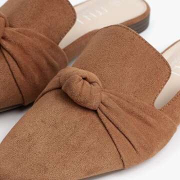 MUSSHOE Mules for Women Comfortable Pointed Toe Backless Slip-on Slides Loafer Flats with Knot,Tan 8.5