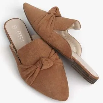 MUSSHOE Mules for Women Comfortable Pointed Toe Backless Slip-on Slides Loafer Flats with Knot,Tan 8.5