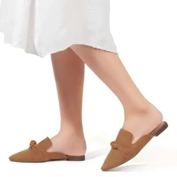 MUSSHOE Mules for Women Comfortable Pointed Toe Backless Slip-on Slides Loafer Flats with Knot,Tan 8.5