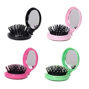 LOUISE MAELYS 4pcs Round Folding Pocket Hair Brush Mini Hair Comb with Makeup Mirror for Travel Candy Color