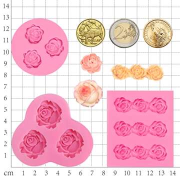 Funshowcase Mini Sizes Roses Flower Fondant Candy Silicone Mold for Sugarcraft Cake Decoration, Cupcake Topper, Polymer Clay, Soap Wax Making Decoration, Crafting Projects, 3 Count