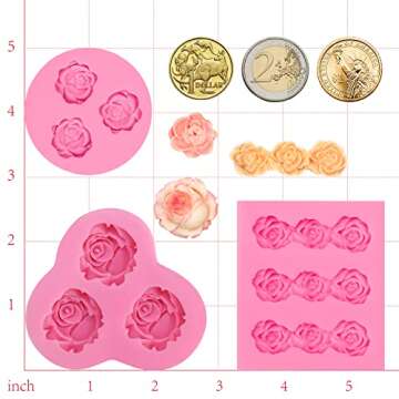 Funshowcase Mini Sizes Roses Flower Fondant Candy Silicone Mold for Sugarcraft Cake Decoration, Cupcake Topper, Polymer Clay, Soap Wax Making Decoration, Crafting Projects, 3 Count