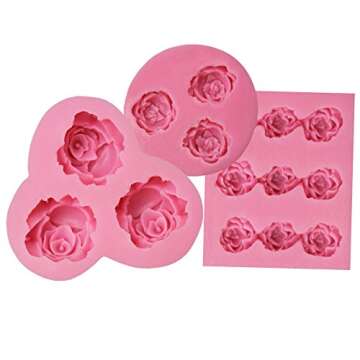 Funshowcase Mini Sizes Roses Flower Fondant Candy Silicone Mold for Sugarcraft Cake Decoration, Cupcake Topper, Polymer Clay, Soap Wax Making Decoration, Crafting Projects, 3 Count