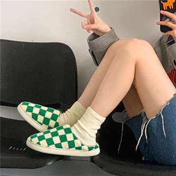 FUHUAQI Unisex Checkerboard Square Slippers Evil Eye Slippers Blue Eyes Slippers Cloud Slip Memory Foam Indoor Non-slip Slippers Happy Home Shoes GREEN 37-38