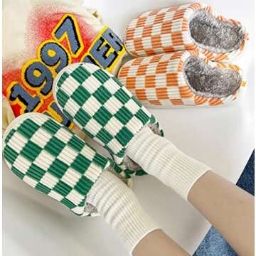 FUHUAQI Unisex Checkerboard Square Slippers Evil Eye Slippers Blue Eyes Slippers Cloud Slip Memory Foam Indoor Non-slip Slippers Happy Home Shoes GREEN 37-38