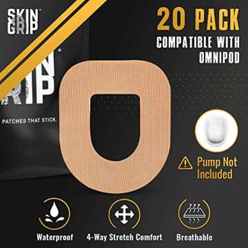 Skin Grip CGM Patches for Insulet Omnipod (20-Pack), Waterproof & Sweatproof for 3 Days, Pre-Cut Adhesive Tape, Continuous Glucose Monitor Protection(Tan)