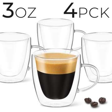 DLux Espresso Coffee Cups 3oz, Double Wall, Clear Glass set of 4 Glasses with Handles, Insulated Bor...