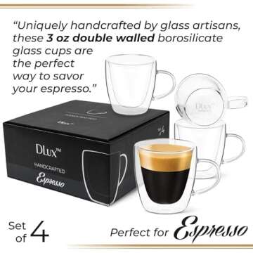DLux Espresso Coffee Cups 3oz, Double Wall, Clear Glass set of 4 Glasses with Handles, Insulated Borosilicate Glassware Tea Cup
