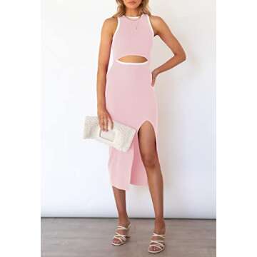 Pink Queen Women's Sleeveless Bodycon Dresses Crew Neck Cutout Side Slit Party Ribbed Knit Midi Dres...