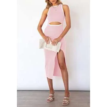 Pink Queen Women's Sleeveless Bodycon Dresses Crew Neck Cutout Side Slit Party Ribbed Knit Midi Dress Pink S
