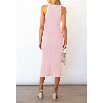 Pink Queen Women's Sleeveless Bodycon Dresses Crew Neck Cutout Side Slit Party Ribbed Knit Midi Dress Pink S